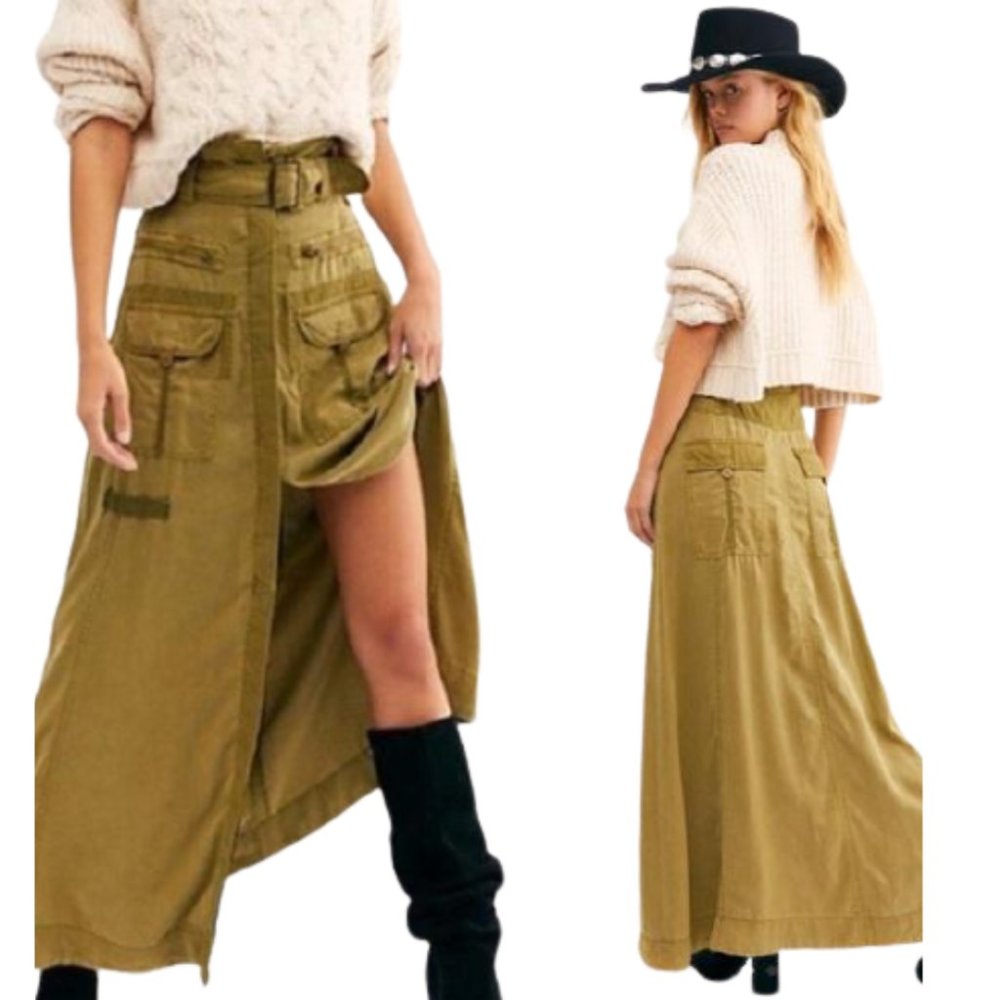 Free People New With Tags The Feeling Of Falling Maxi Utility Skirt With Belt